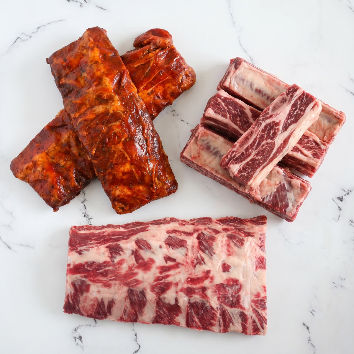 Box American BBQ – spare ribs marinés, short ribs Angus et ribs de bœuf, La Boucherie