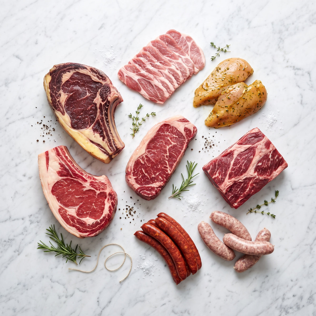 Box Ultimate BBQ Édition Gagnants La Boucherie : deux côtes à l'os, New York steak, short ribs, secreto, blancs de poulet marinés, merguez et saucisse de campagne